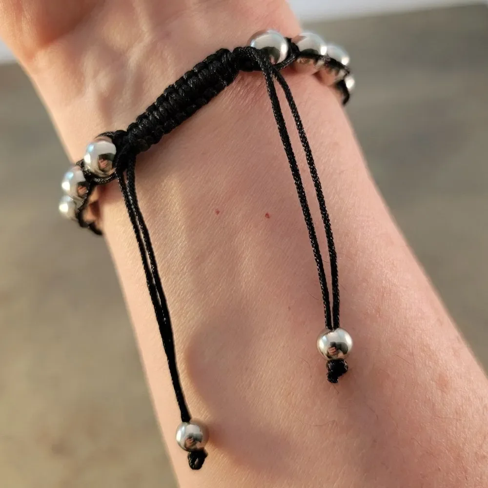 New Silver 8mm Stainless Steel Beaded Cord Adjustable Bracelet